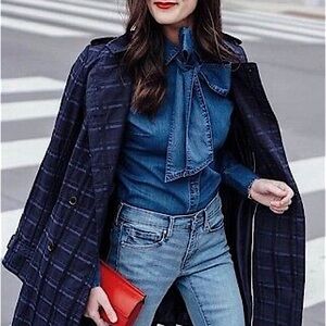 Banana Republic Blue Plaid Belted Trench Coat